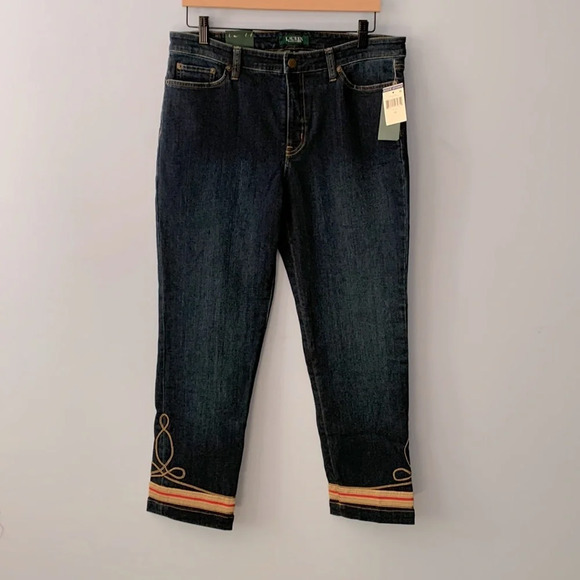 Laren Ralph Lauren gold red embroidered soutache cuff medium wash jeans size 12 - Picture 1 of 10